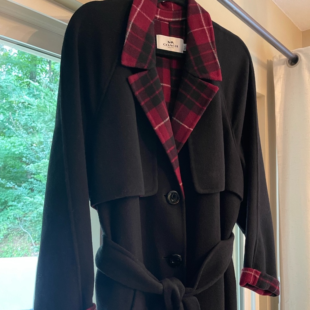 Women’s Coach Relaxed fit large Never Worn Wool Belted Trench Red Plaid Trim - Picture 6 of 11